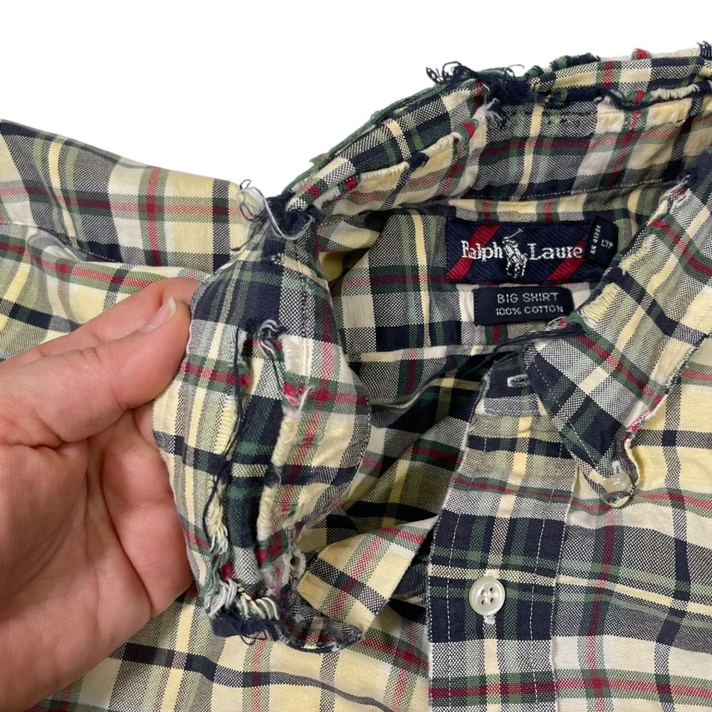 Vintage Polo Ralph Lauren XL Plaid‎ Button Down Big Shirt Distressed Thrashed